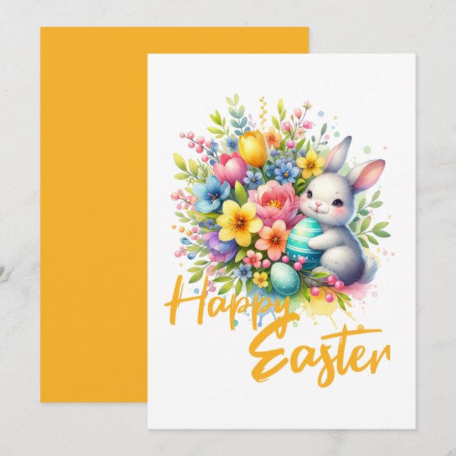Tarjeta Festiva Flor feliz de primavera de Pascua con lindo coneji (Anverso / Reverso)