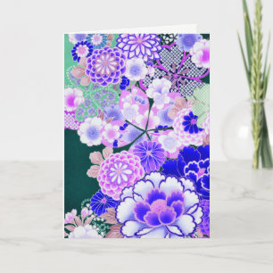 Tarjeta Festiva FLOR PINK AZUL Peonía, Rosas Floral Japonesa
