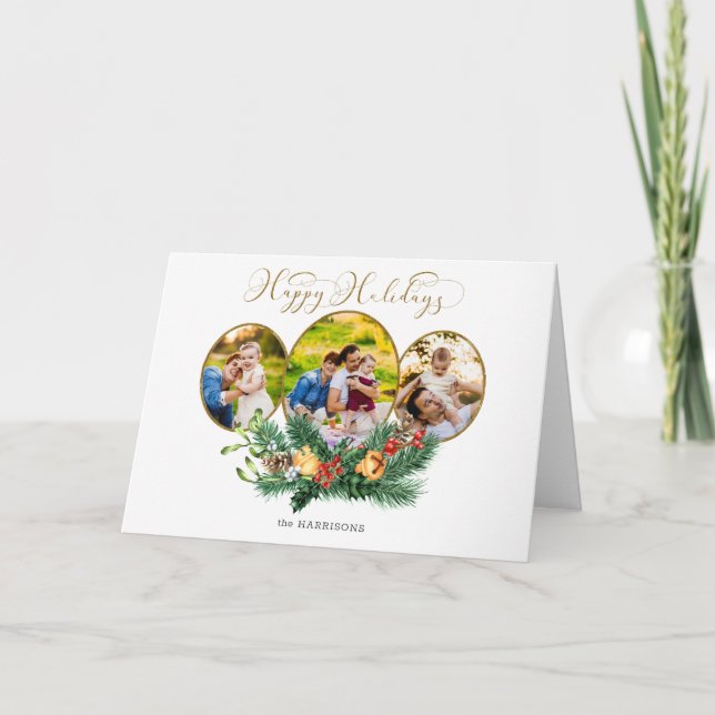 Tarjeta Festiva Floral 3-Photo Gold Happy Holidays Script (Anverso)