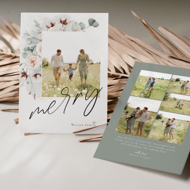 Tarjeta Festiva Floral acuarela Merry Christmas Photo Card (Subido por el creador)