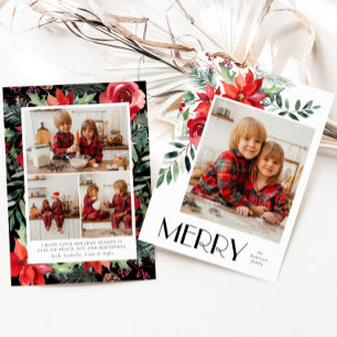 Tarjeta Festiva Floral acuarela Merry Christmas Photo Card