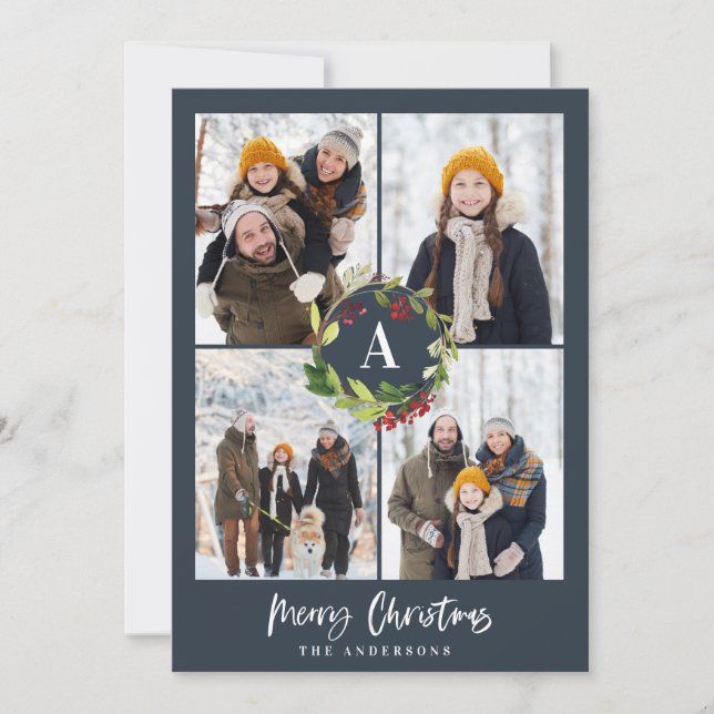 Tarjeta Festiva Floral acuarela multifoto + navidades follaje (Anverso)