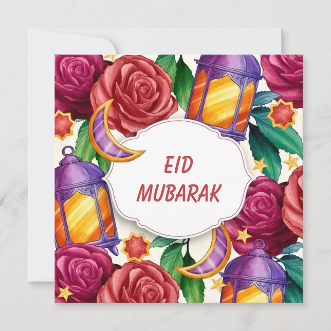 Tarjeta Festiva Floral acuática de Eid Mubarak (Anverso)