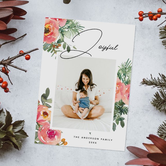 Tarjeta Festiva Floral acuática elegante | Foto de Navidades alegr (Subido por el creador)