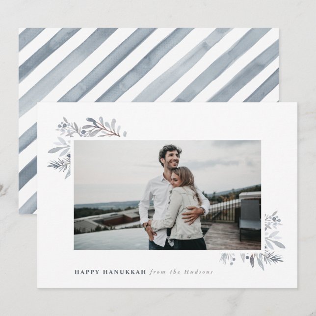 Tarjeta Festiva Floral acuática Happy Hanukkah (Anverso / Reverso)