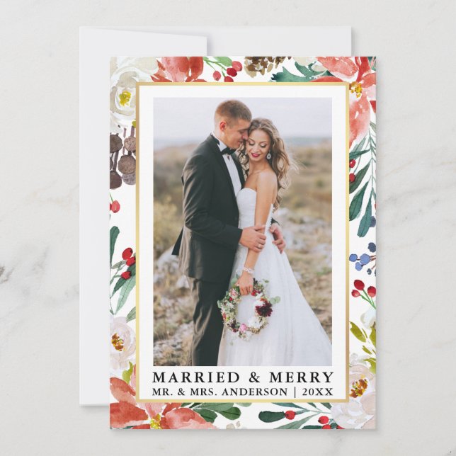 Tarjeta Festiva Floral acuática invernal casada y morada (Anverso)