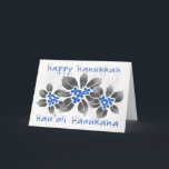 Tarjeta Festiva Floral azul de Jánuca del acebo hawaiano<br><div class="desc">¡Hau'oli Hanukaha es Hawai'ian para Jánuca feliz! Este ilustracion muestra una interpretación tropical del acebo en los colores de Jánuca y las pendientes sutiles. Las letras se sacan el polvo con la nieve para una sorpresa añadida. Este ilustracion original adorna estas tarjetas que sean perfectas para los saludos del día...</div>