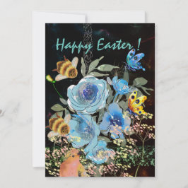 Tarjeta Festiva Floral Azul Pascua Negra con Pájaros
