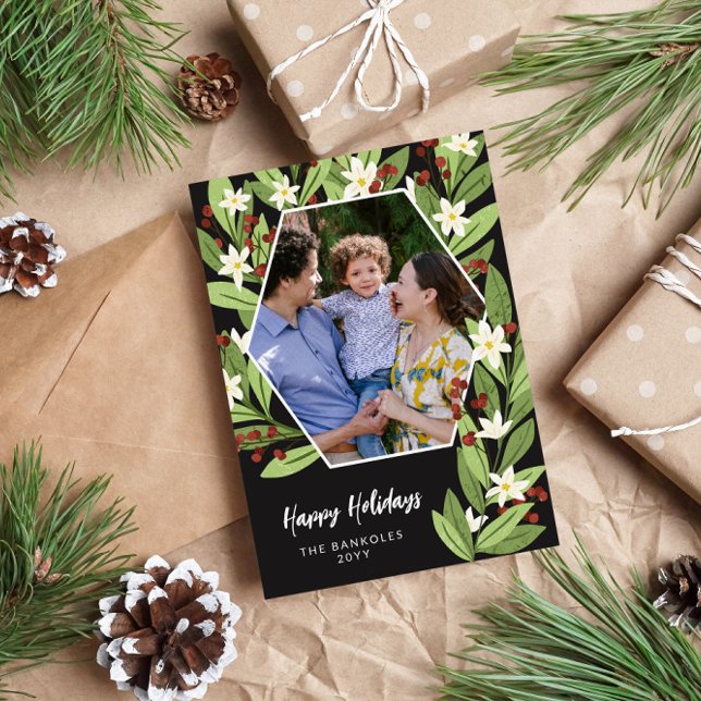 Tarjeta Festiva Floral Blanca Bayas Rojas Hexágono Felices Fiestas (Subido por el creador)