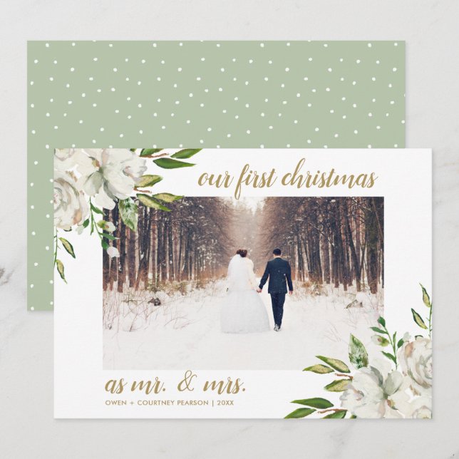 Tarjeta Festiva Floral blanca invernal primera foto Boda de Navida (Anverso / Reverso)