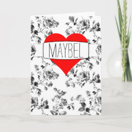 Tarjeta Festiva Floral blanca y negra elegante con corazón rojo br