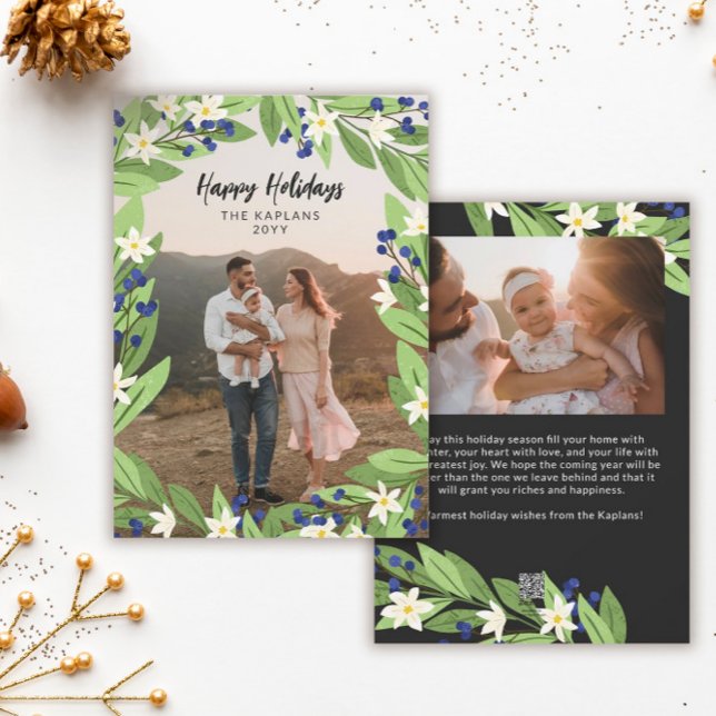 Tarjeta Festiva Floral Blue Berries Green Frame Happy Holidays (Subido por el creador)