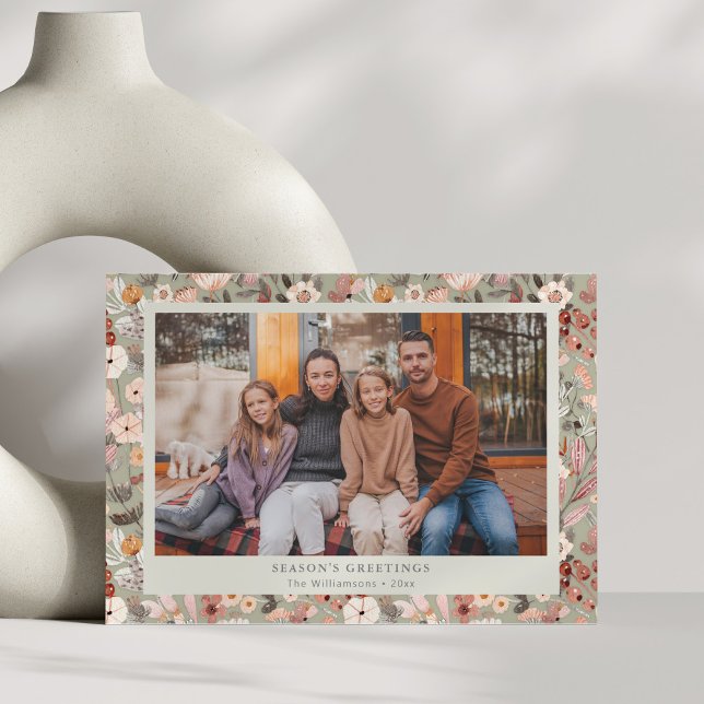 Tarjeta Festiva Floral Border Cozy Neutral Family Christmas Custom (Subido por el creador)