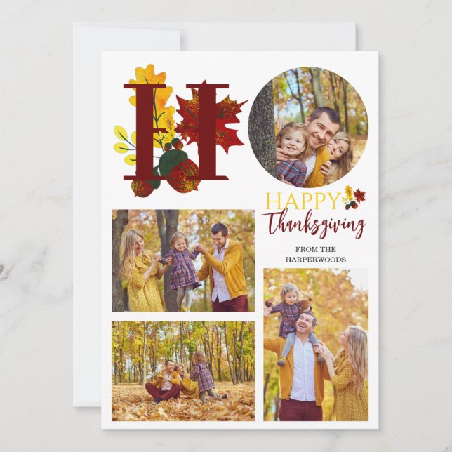 Tarjeta Festiva Floral Caída Moderna Feliz día de gracias foto fam (Anverso)