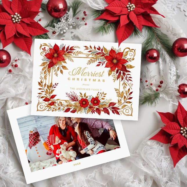 Tarjeta Festiva Floral Christmas Frame Poinsettia Flower & Foliage (Floral Christmas Frame Poinsettia Flower & Foliage Photo Holiday Card.)