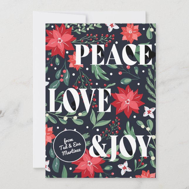 Tarjeta Festiva Floral de amor por la paz y Navidades felices (Anverso)