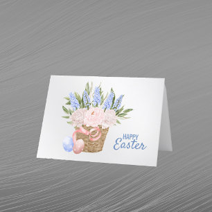 Tarjeta Festiva Floral de huevo de cesta azul rosa de Pascua