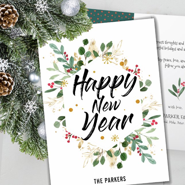 Tarjeta Festiva Floral de oro | Año nuevo Berry Rojo (Subido por el creador)