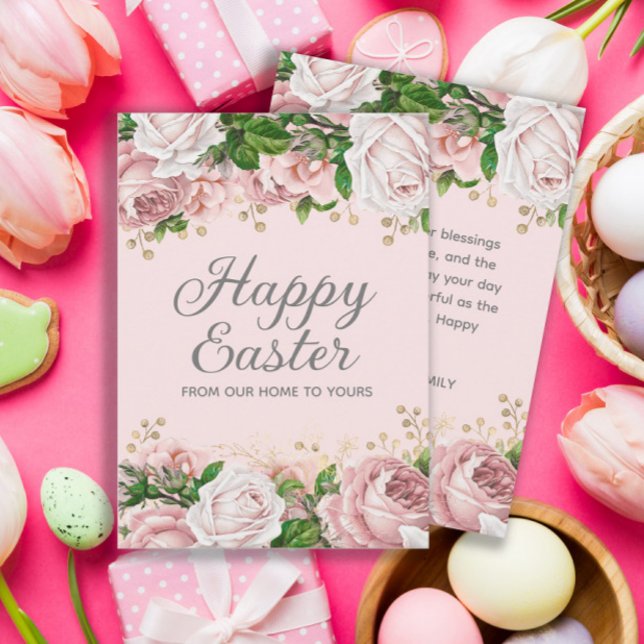 Tarjeta Festiva Floral de oro rosa Rubor Feliz Pascua (Pink roses/floral "Happy Easter" greeting card)