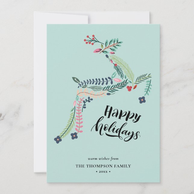 Tarjeta Festiva Floral de reno | Poinsettia Pine Bough Happy (Anverso)