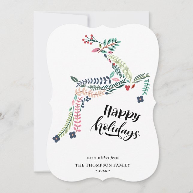 Tarjeta Festiva Floral de reno | Poinsettia Pine Bough Happy (Anverso)