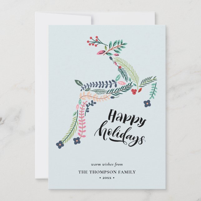 Tarjeta Festiva Floral de reno | Poinsettia Pine Bough Happy (Anverso)