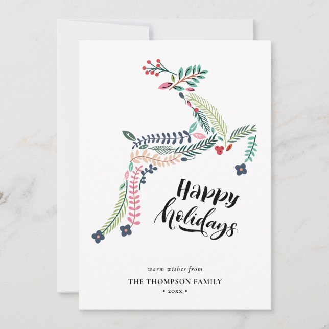 Tarjeta Festiva Floral de reno | Poinsettia Pine Bough Happy (Anverso)