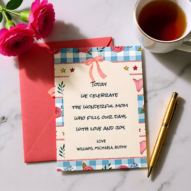 Tarjeta Festiva Floral de Rosa Dulce a Cuadros (Subido por el creador)