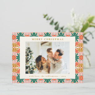 Tarjeta Festiva Floral Groovy de Boho Verde Rojo Rosa Dos Foto
