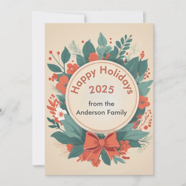 Tarjeta Festiva Floral Happy Holidays Card en rojo y verde (Anverso)