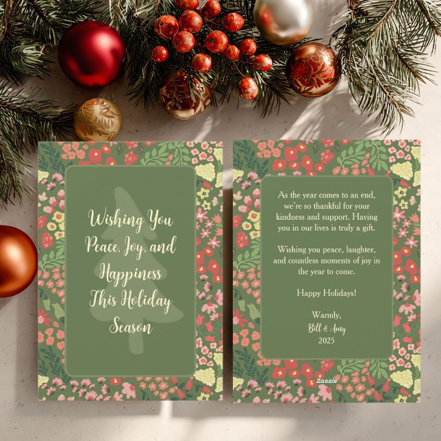 Tarjeta Festiva Floral Holiday Card - Custom Message, Name & Date (Personalized Elegant Floral Holiday Flat Card)