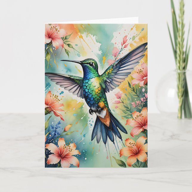 Tarjeta Festiva floral hummingbird greeting card (Anverso)