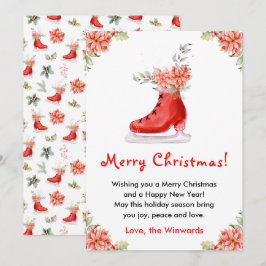 Tarjeta Festiva Floral Ice Skate Red Merry Christmas
