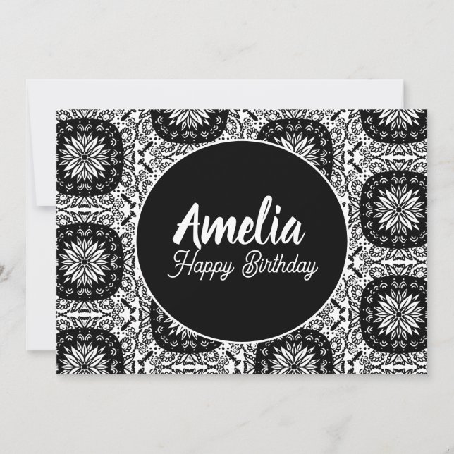 Tarjeta Festiva Floral Mandala fiesta de cumpleaños blanco negro (Anverso)
