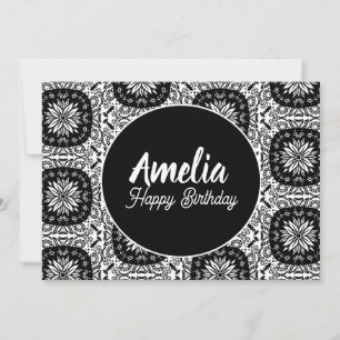 Tarjeta Festiva Floral Mandala fiesta de cumpleaños blanco negro