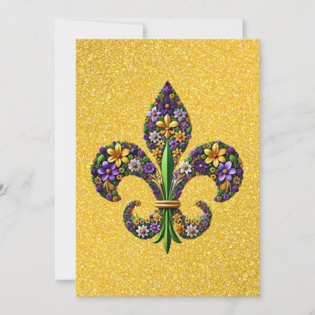 Tarjeta Festiva Floral Mardi Gras fleur de lis (Anverso)