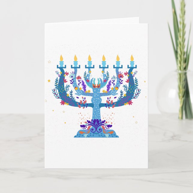 Tarjeta Festiva floral menorah hanukkah (Anverso)
