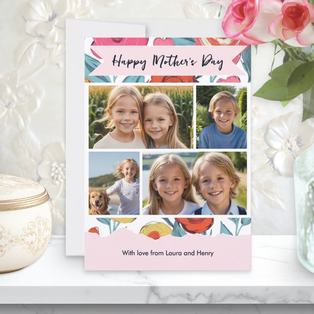 Tarjeta Festiva Floral Modern Mother’s Day Custom Photo Collage (A pretty floral Mother's Day card, with four custom photos and personalized message)