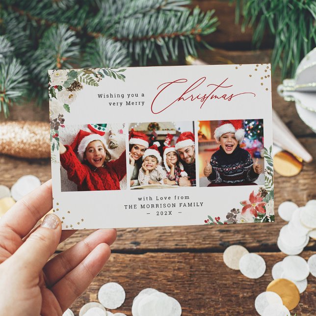 Tarjeta Festiva Floral navideña moderna 3 saludo fotográfico (Subido por el creador)