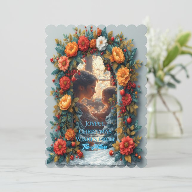 Tarjeta Festiva Floral Photo Arch Christmas, Personalized Winter (Anverso de pie)