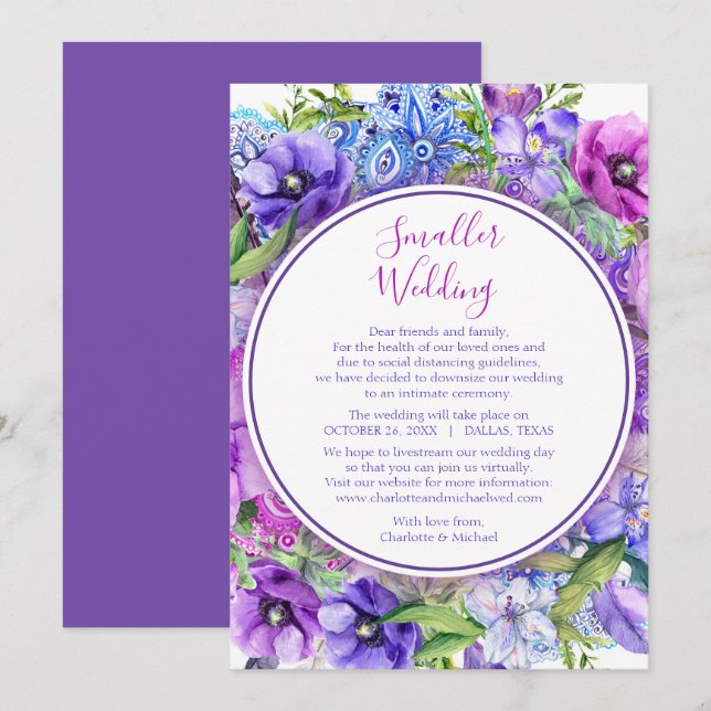 Tarjeta Festiva Floral Purple menor cambio Boda del plan (Anverso / Reverso)