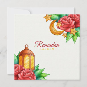 Tarjeta Festiva floral Ramadan Kareem   Media luna de oro y linter