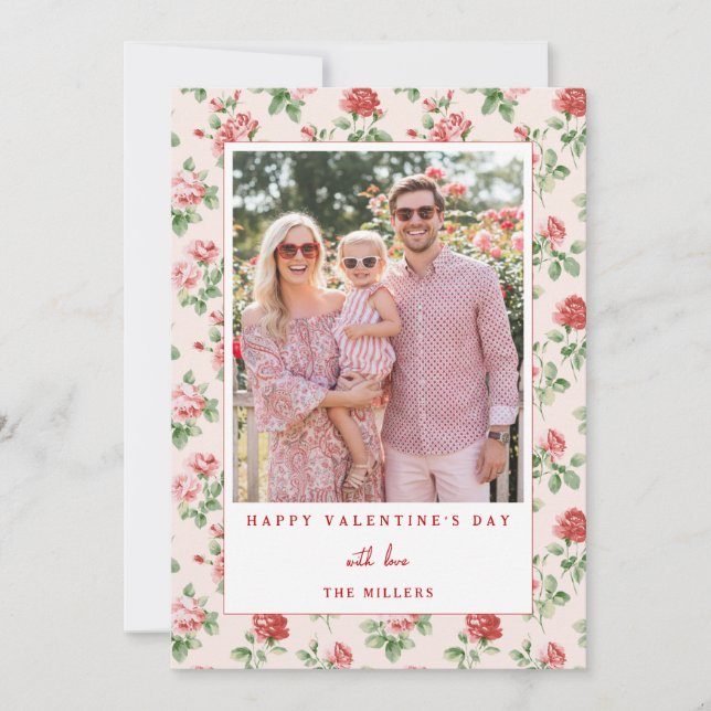 Tarjeta Festiva Floral Red Rose Happy Valentine's Day Photo Card (Anverso)