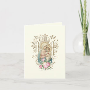 Tarjeta Festiva Floral Religioso Antiguo de María y el Niño
