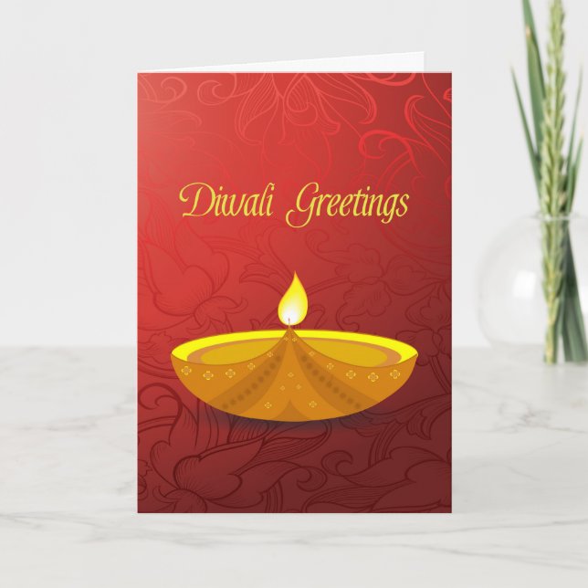 Tarjeta Festiva Floral roja, diya de oro, saludos diales diwali (Anverso)
