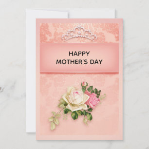 Tarjeta Festiva Floral rosa con tiara de diamantes, Día de la Madr