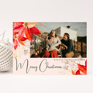 Tarjeta Festiva Floral Rosa Merry Christmas Two Photo Holiday Card
