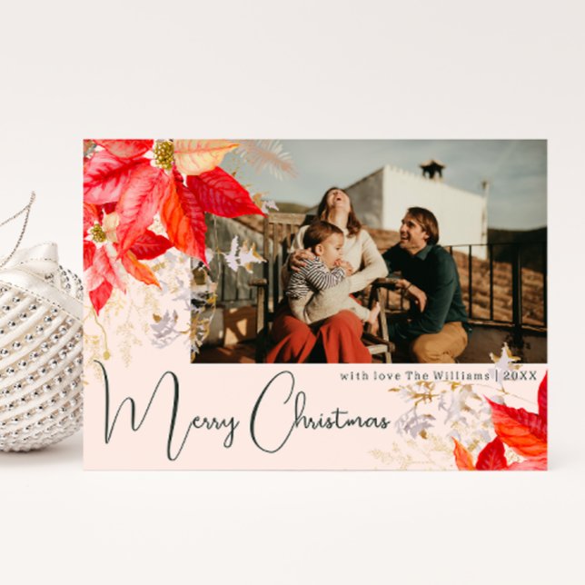 Tarjeta Festiva Floral Rosa Merry Christmas Two Photo Holiday Card (Subido por el creador)