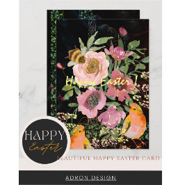 Tarjeta Festiva Floral Rosa Pascua Negra con Pájaros