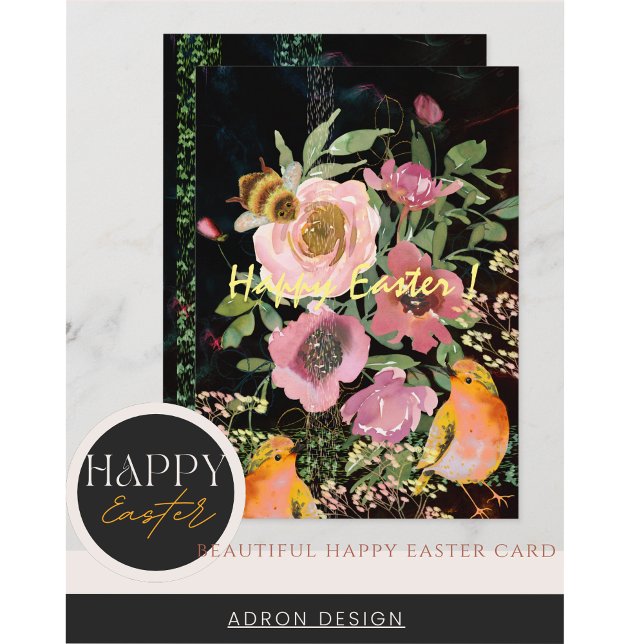 Tarjeta Festiva Floral Rosa Pascua Negra con Pájaros (Happy Easter Pink floral black with yellow birds and bumblebee Card)
